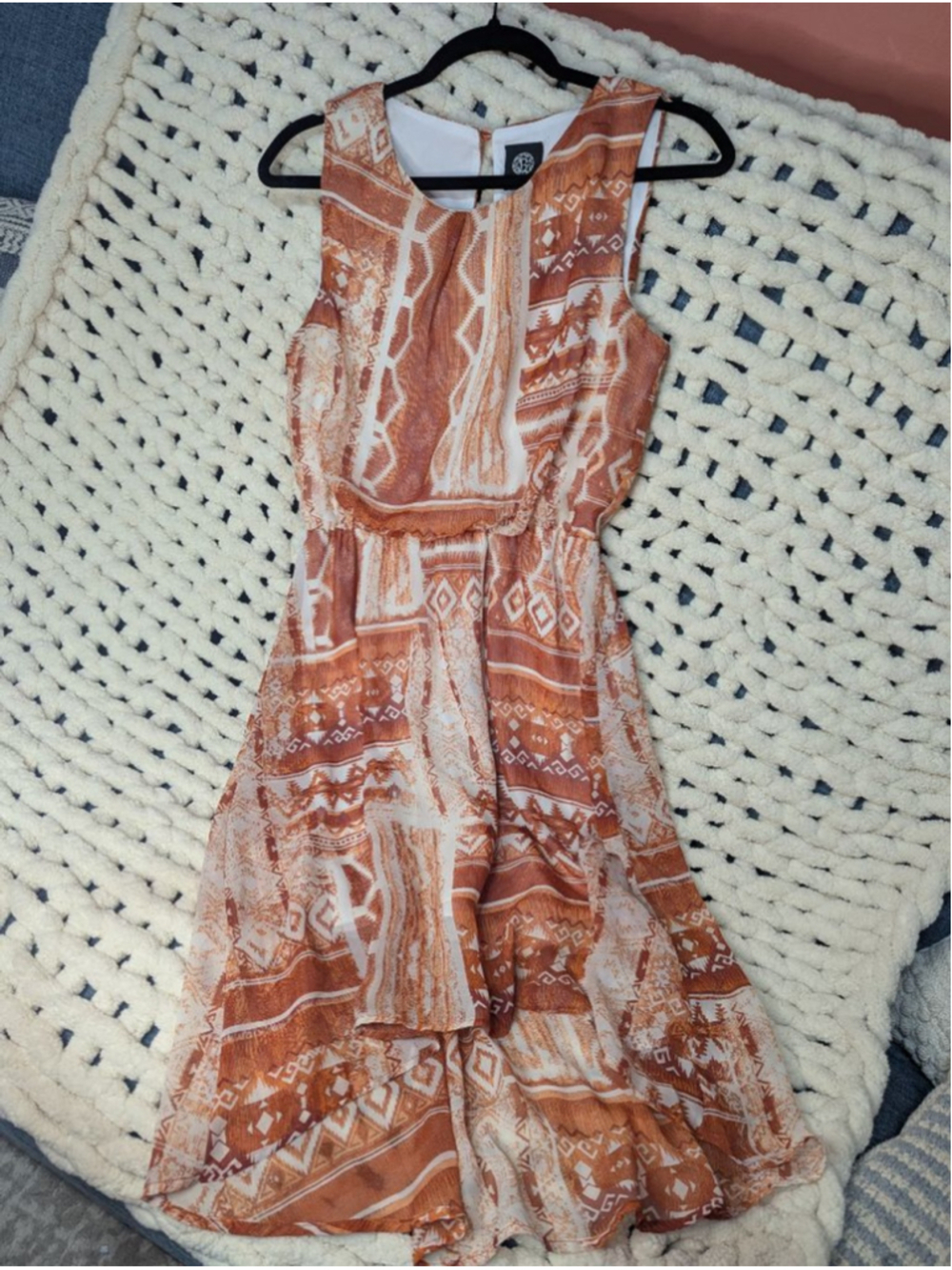 Bobeau Orange Boho High Low Dress Women's XS Sleeveless Tribal Print